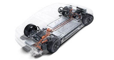 Model showing internal drive systems of a Mercedes-Benz EQ vehicle