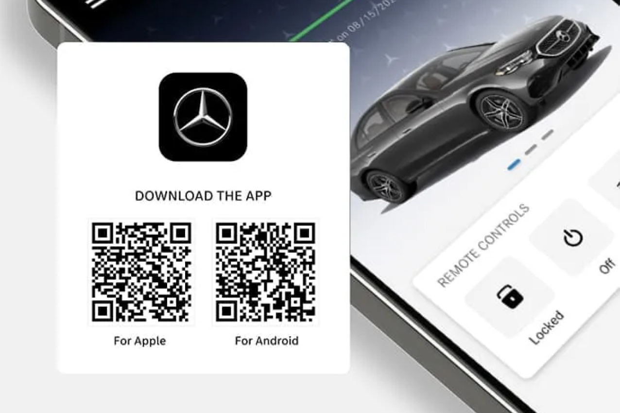 Close-up of a smartphone showing the Mercedes-Benz app QR-code pairing screen