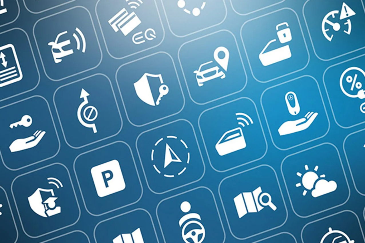 A grid of Mercedes-Benz app feature icons