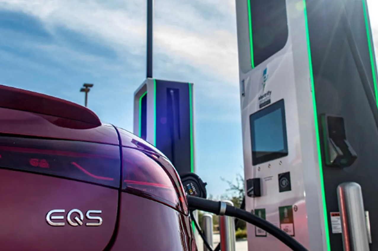 Rear view of a Mercedes-Benz EV charging
