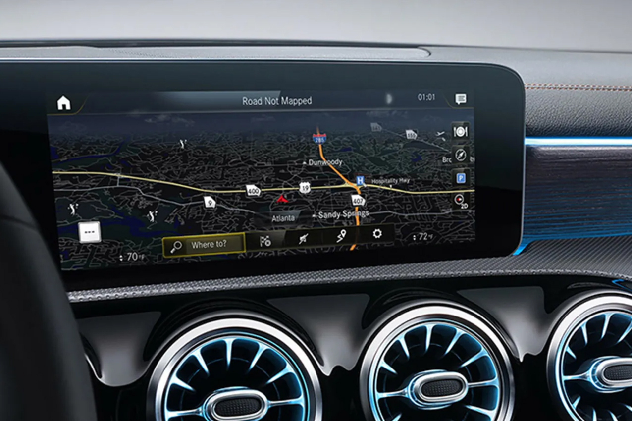 In-dash display showing Mercedes-Benz navigation