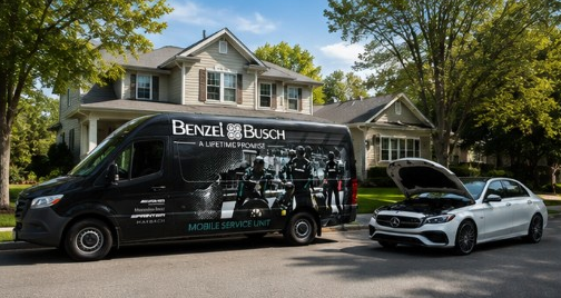 Benzel-Busch Mobile Service Unit van parked in front of a home beside a Mercedes-Benz