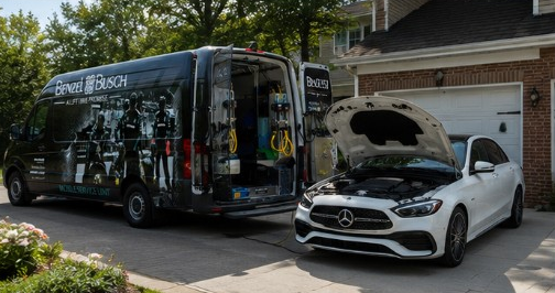Mobile Service Unit van and a Mercedes-Benz with the hood open in a driveway